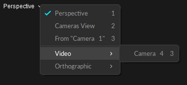 A screenshot from Motive of the menu from the Perspective viewport that has the reference video options expanded. The "View from Selected" option has changed to display the selected camera (Camera 1)..