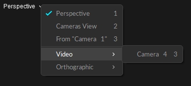A screenshot from Motive of the menu from the Perspective viewport that has the reference video options expanded. The "View from Selected" option has changed to display the selected camera (Camera 1)..
