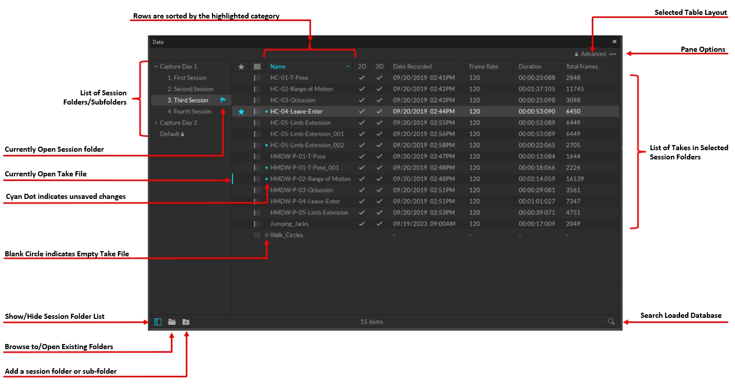 An annotated screenshot from Motive of the Data pane.
