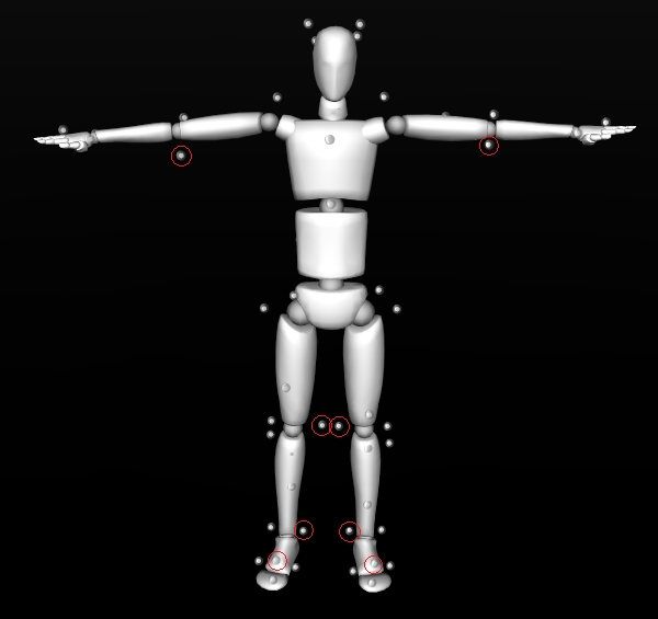 A screenshot of a Motive skeleton in segment view, with the calibration markers still attached. The calibration markers are highlighted with red circles.