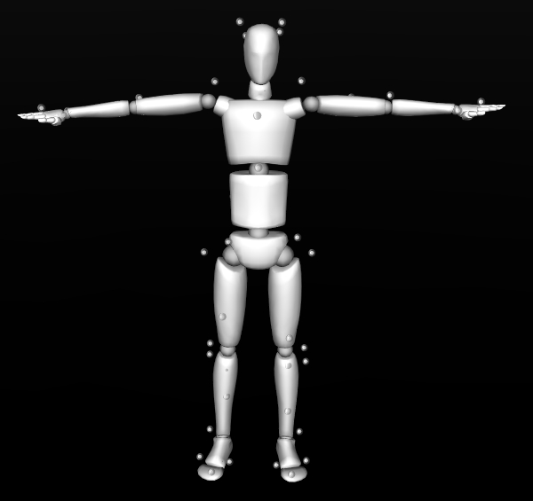 A screenshot of a Motive skeleton in segment view, with the calibration markers removed.