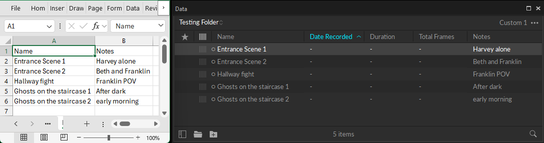 2 screenshots - 1 of an excel file with a sample list of take names and notes and the other from Motive, showing the same file's contents imported into the data pane.
