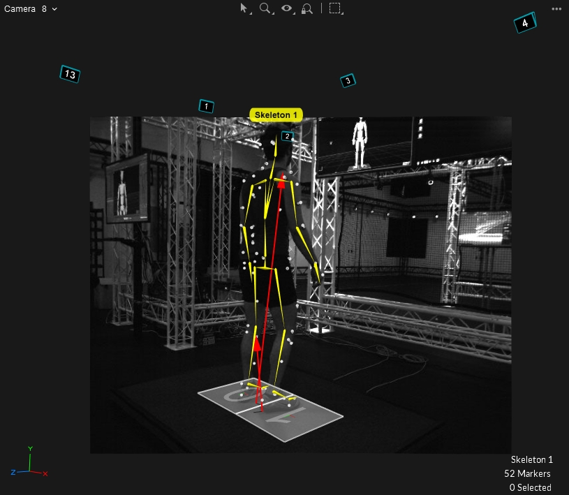 A screenshot from Motive of a reference video with asset overlay information for a skeleton (actor) walking on 2 force plates.