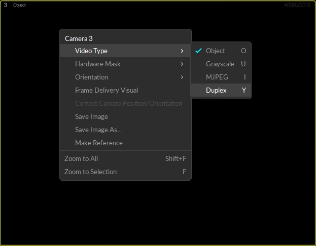 The context menu available from the Cameras viewport in Motive, with the Video Mode option selected and the available video modes displayed: Object; Grayscale; MJPEG; and Duplex.