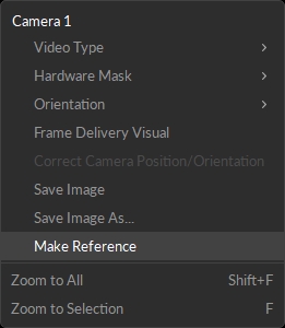 The Camera context menu from the Viewport in Motive, with the "Make Reference" option highlighted.