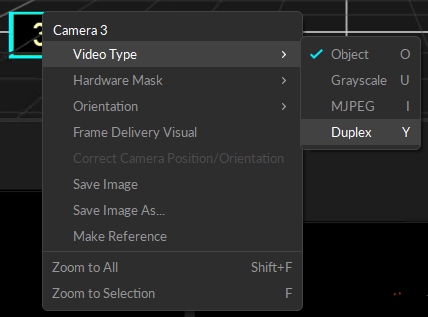 The context menu from the Motive Perspective View when a camera is selected. The Camera Video Types menu is open with the available types displayed: Object; Grayscale; MJPEG; and Duplex.