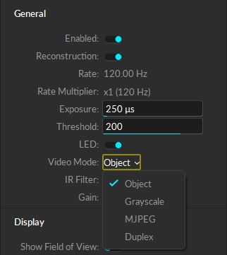A screenshot of the Camera Properties pane in Motive, showing the four Video Modes available: Object; Grayscale, MJPEG, and Duplex.