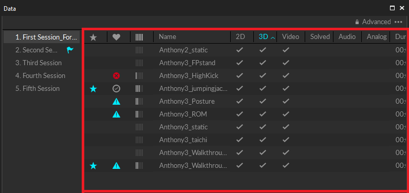 A screenshot from Motive of the data pane, with the list of take names section highlighted.
