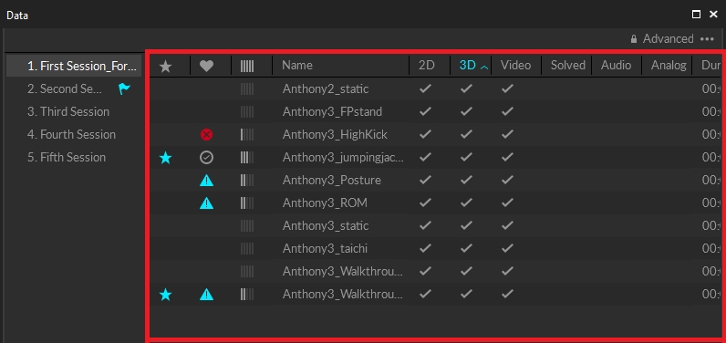 A screenshot from Motive of the data pane, with the list of take names section highlighted.