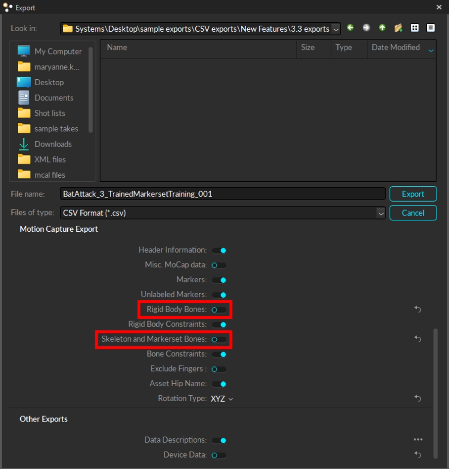 A screenshot of the Data Export screen in Motive, with CSV export selected and the options to include Rigid Body Bones and Skeleton and Markerset Bones are both disabled.
