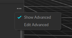 A screenshot of the Motive Settings panel menu options: Show Advanced and Edit Advanced.