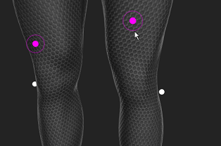 A screenshot from Motive showing the segment markers on the upper thigh of the Skeleton Avatar from the Builder pane, showing the 2 segment markers placed in different locations.