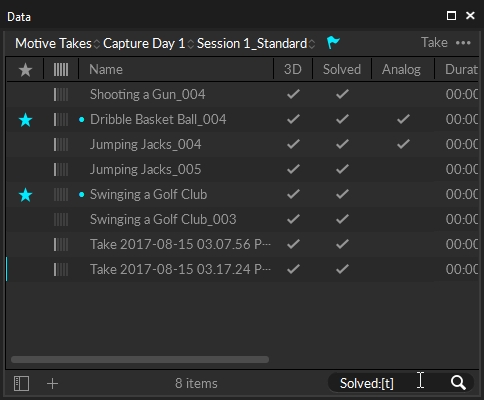 A screenshot from Motive of the Data Pane with Takes that have been partially processed.