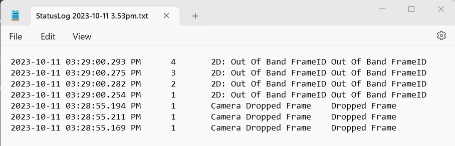 Sample of a log file exported to a text file.