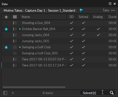 A screenshot from Motive of the Data Pane with Takes that have been partially processed.