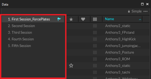 A screenshot from Motive of the Data pane with the list of loaded session folders highlighted. The current session folder is noted with a flag icon.