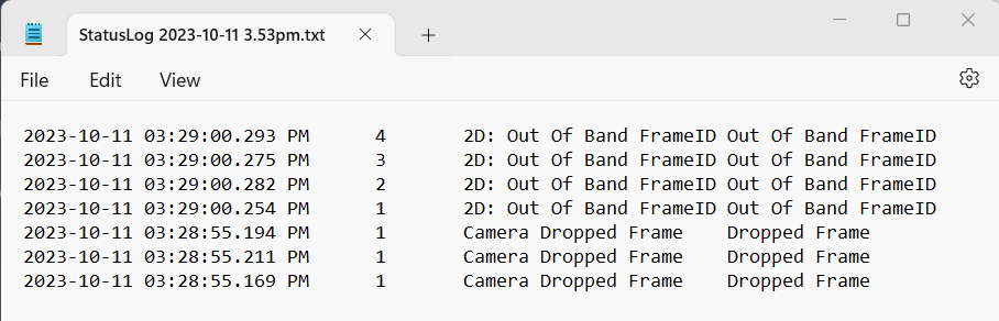 Sample of a log file exported to a text file.