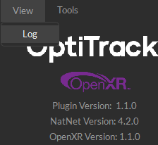 A screenshot of the OptiTrack OpenXR plugin with the View menu open, showing where the Log file is located.