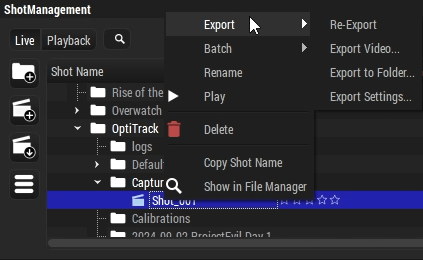 A screenshot of the Captury Live Shot Management context menu, with the Export call-out menu shown.