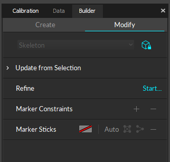A screenshot of the Motive Builder Pane Modify tab with the following options for editing a skeleton: Update from Selection, Refine, Marker Constraints, and Marker Sticks.