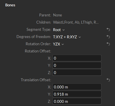 A screenshot of the Motive properties pane, Bones properties for a Skeleton asset's Hip (or root) bone.