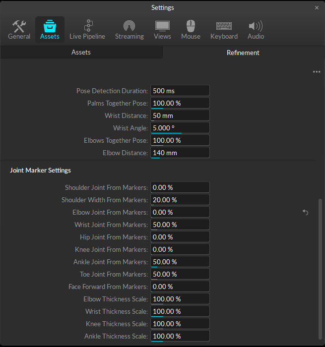 A screenshot of the Motive Settings panel, Assets Tab, with the bottom half of the Refinement subtab open. Settings categories are a portion of the Pose Assisted Solve Settings and the Joint Marker Settings.