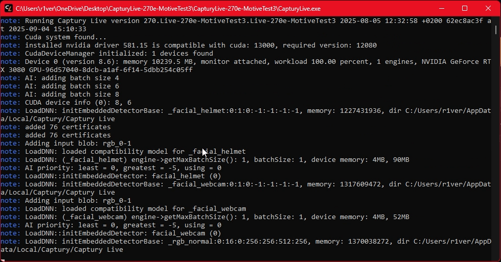 A screenshot of a window displaying code running while Captury Live software is loading.