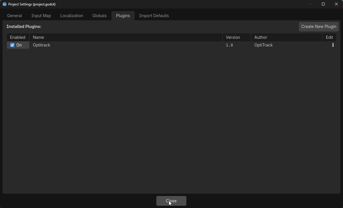 A screenshot of the Godot Project Settings, Plugins tab, with the Optitrack plugin enabled.