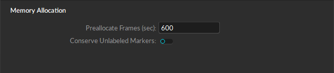 A screenshot of the Motive Settings Panel, Live Pipeline settings, Recording tab, memory allocation section.