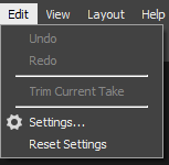 A screenshot of the Edit tab menu in Motive.