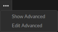 A screenshot of the Motive Settings panel menu: Show Advanced and Edit Advanced.