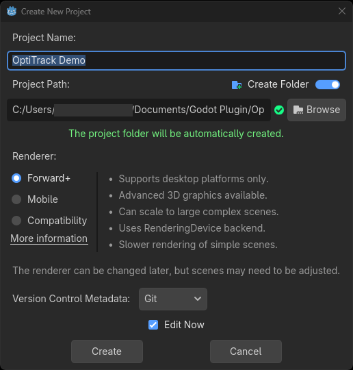 A screenshot of the Godot Create Project screen.