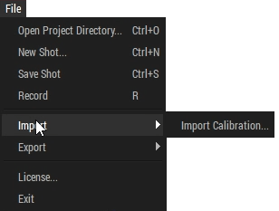 A screenshot of the Captury Live File Menu, with the mouse hovering over the Import command, and "Import Calibration..." displayed on the callout menu.