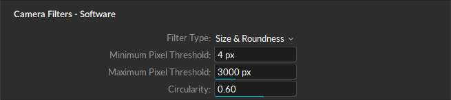A screenshot of the standard and advanced settings available in the Camera Filters - Software section of the Cameras settings.
