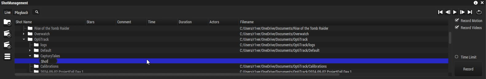 A screenshot of the Captury Live Shot Management pane, with a newly created shot folder highlighted.