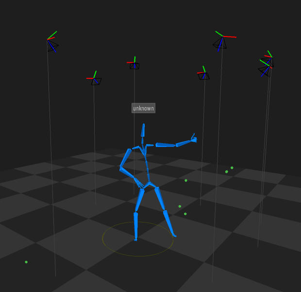 A screenshot of the Captury Live viewport, showing a single tracked skeleton with one hand on its hip and the other giving a thumbs up.