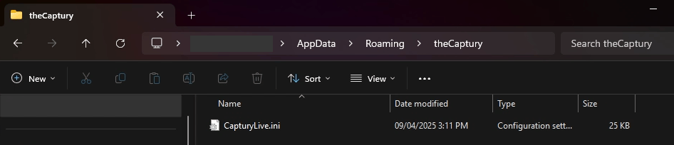A screenshot of a Windows File Manager window, showing the CapturyLive.ini file inside the folder: (blanked out) user profile > App?Data > Roaming > theCaptury