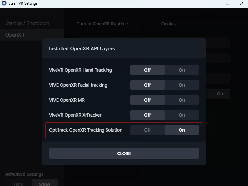 A screenshot of the SteamVR OpenXR Settings, showing the OptiTrack OpenXR Tracking Solution highlighted.