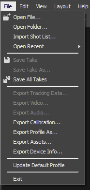 A screenshot of the File tab menu in Motive.