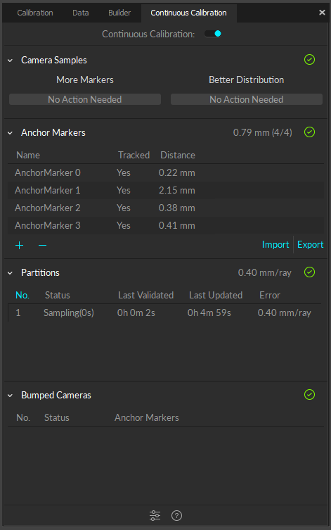 A screenshot of the Motive Continuous Calibration pane, with 4 Anchor Markers and 1 partition.