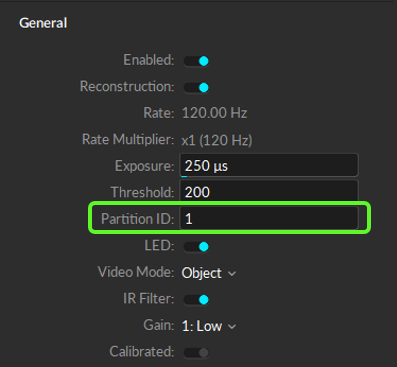 A screenshot of the Motive camera properties pane, Advanced General settings, with the Partition ID setting highlighted.