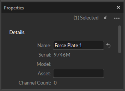 The Details section of the Properties pane for a force plate, showing the Name and Serial number fields that are used in the device data export.