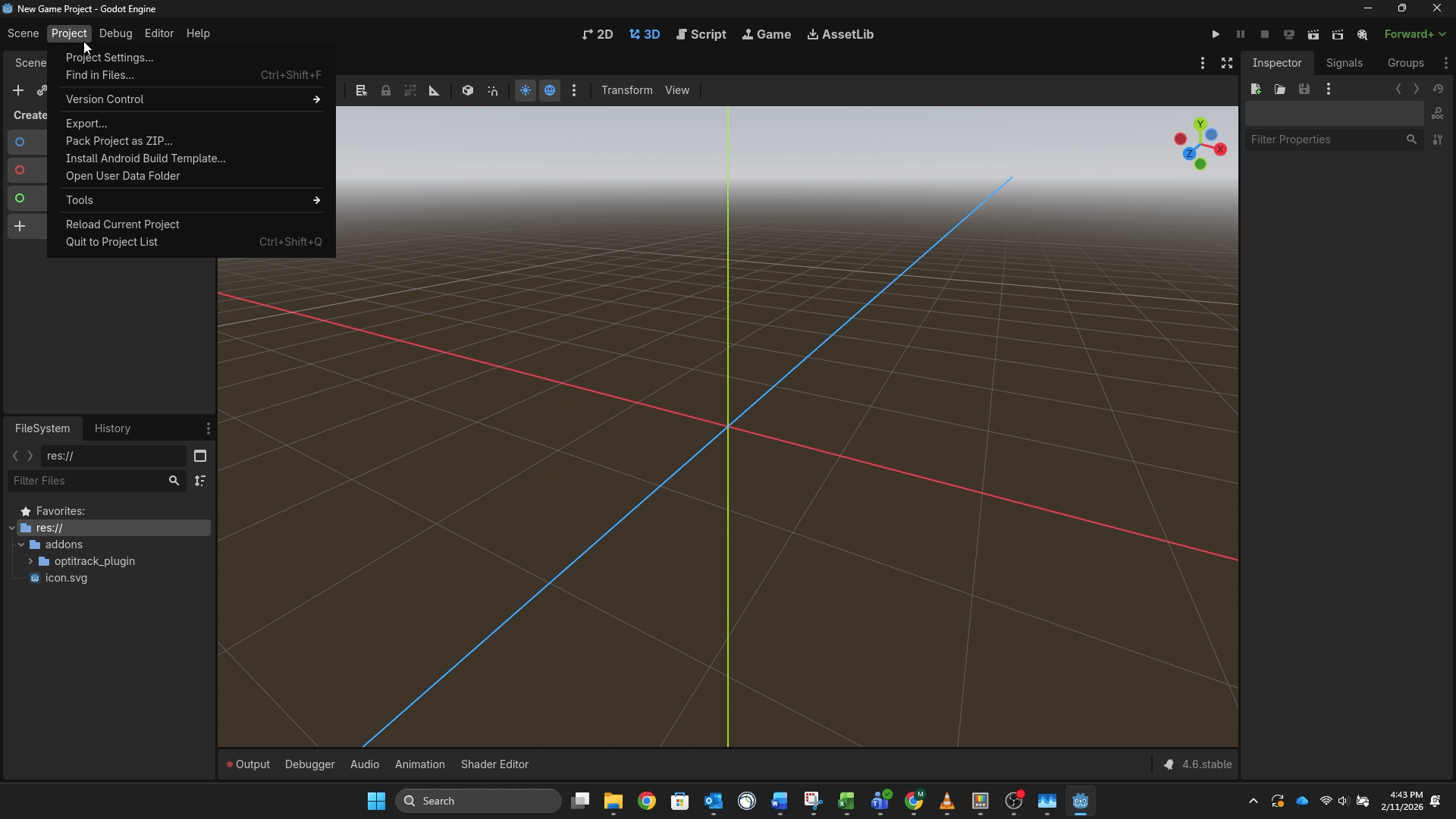A screenshot of a project in Godot, with the Project menu open.