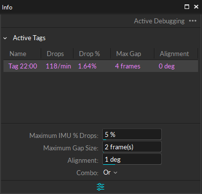 A screenshot of the Active Debugging Tool on the Motive Info Pane, with errors present.