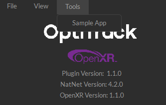 A screenshot of the OptiTrack OpenXR plugin with the Tools menu open, showing where the Sample App is located.