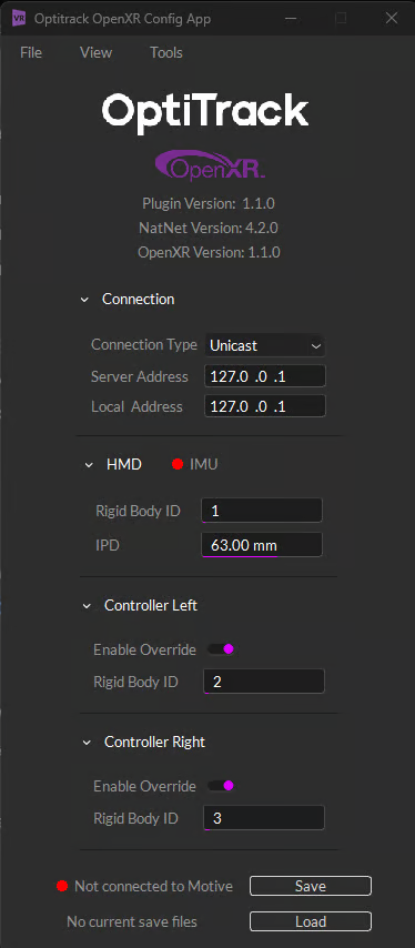 A screenshot of the OptiTrack OpenXR Configuration app.