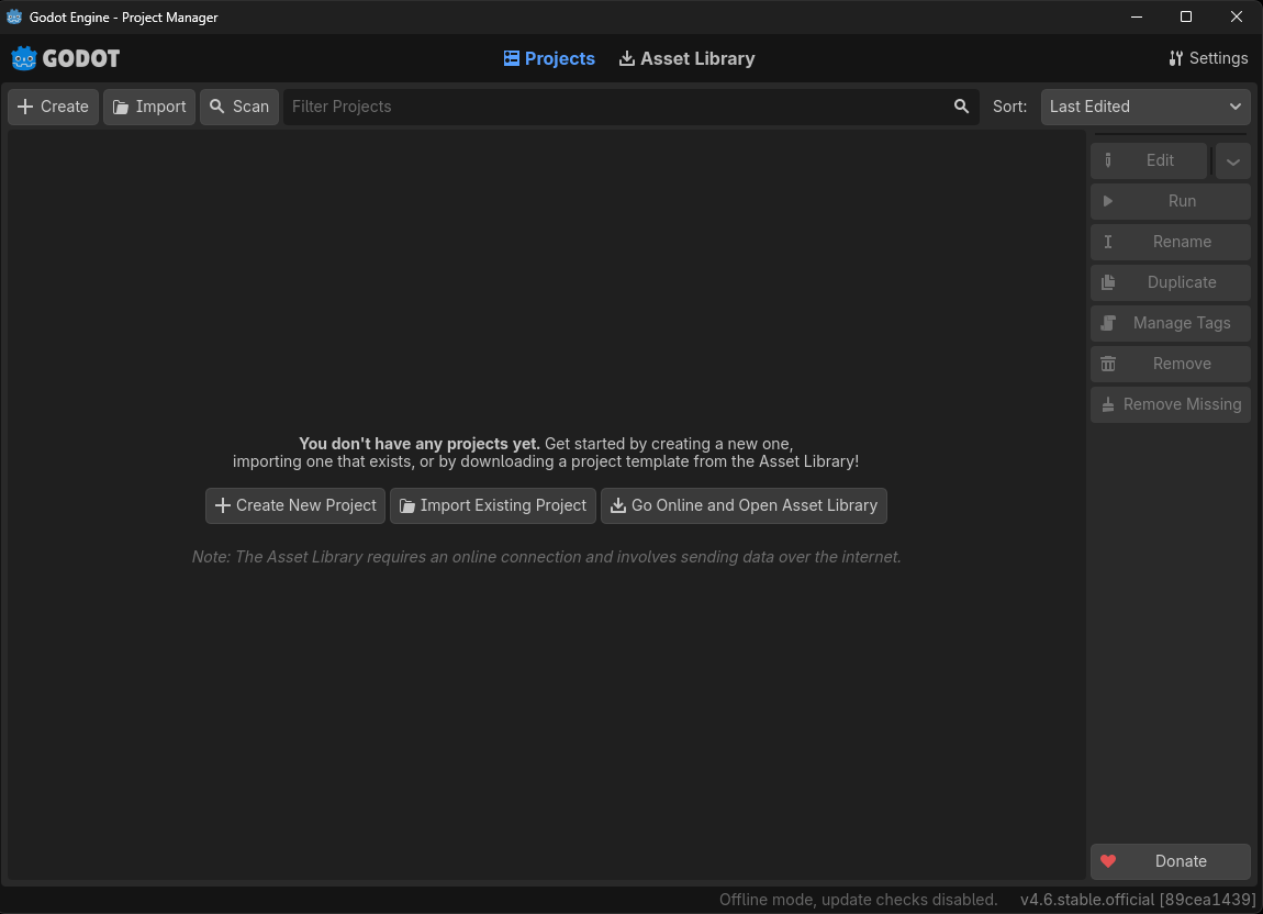 A screenshot of the Godot Project Manager screen, with no projects in the list.