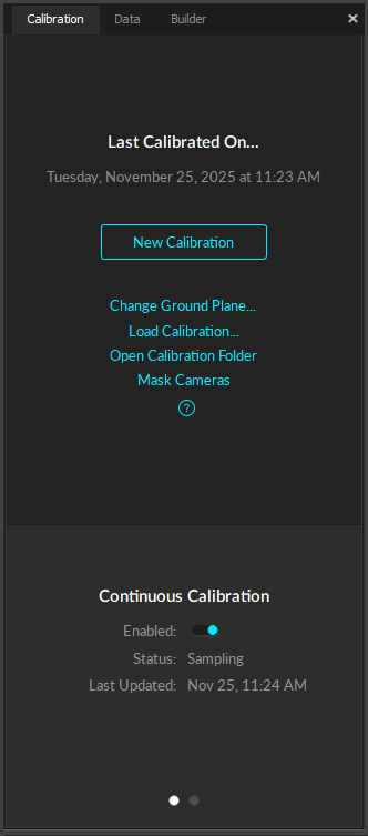 A screenshot of the Motive Calibration pane, showing a calibration loaded and Continuous Calibration enabled.