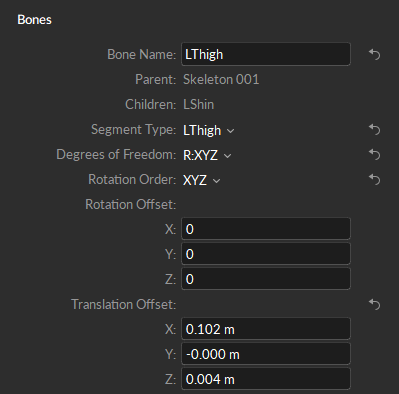 A screenshot of the Motive properties pane, Bones properties for a Skeleton asset's left thigh bone.