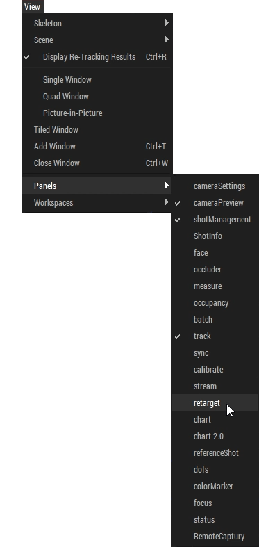 A screenshot of the Captury View menu, with Panels selected, and the Panels callout menu displayed.